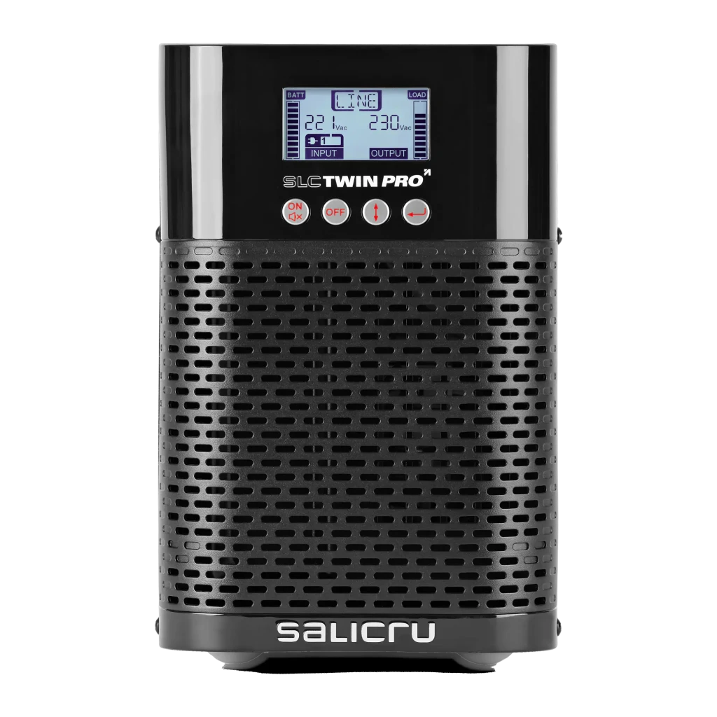 Ups Salicru SLC Twin Pro 2 700VA Schuko Linha Online Preto, detalhe frontal: ecrã LCD com dados INPUT OUTPUT e botões ON OFF