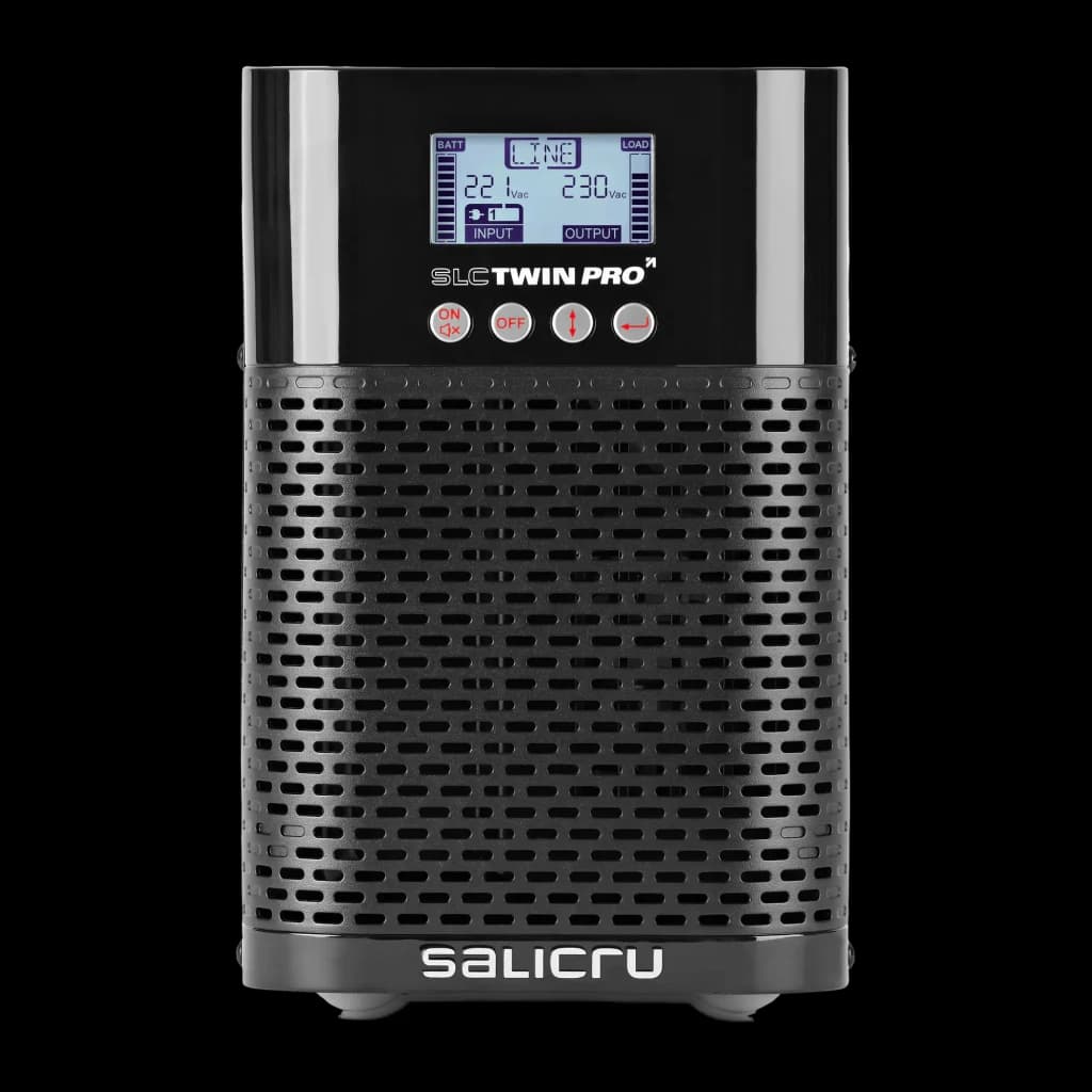 Ups Salicru SLC Twin Pro 2 700VA Schuko Linha Online Preto, detalhe frontal: ecrã LCD com dados INPUT OUTPUT e botões ON OFF