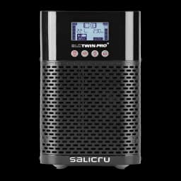 Ups Salicru SLC Twin Pro 2 700VA Schuko Linha Online Preto, detalhe frontal: ecrã LCD com dados INPUT OUTPUT e botões ON OFF