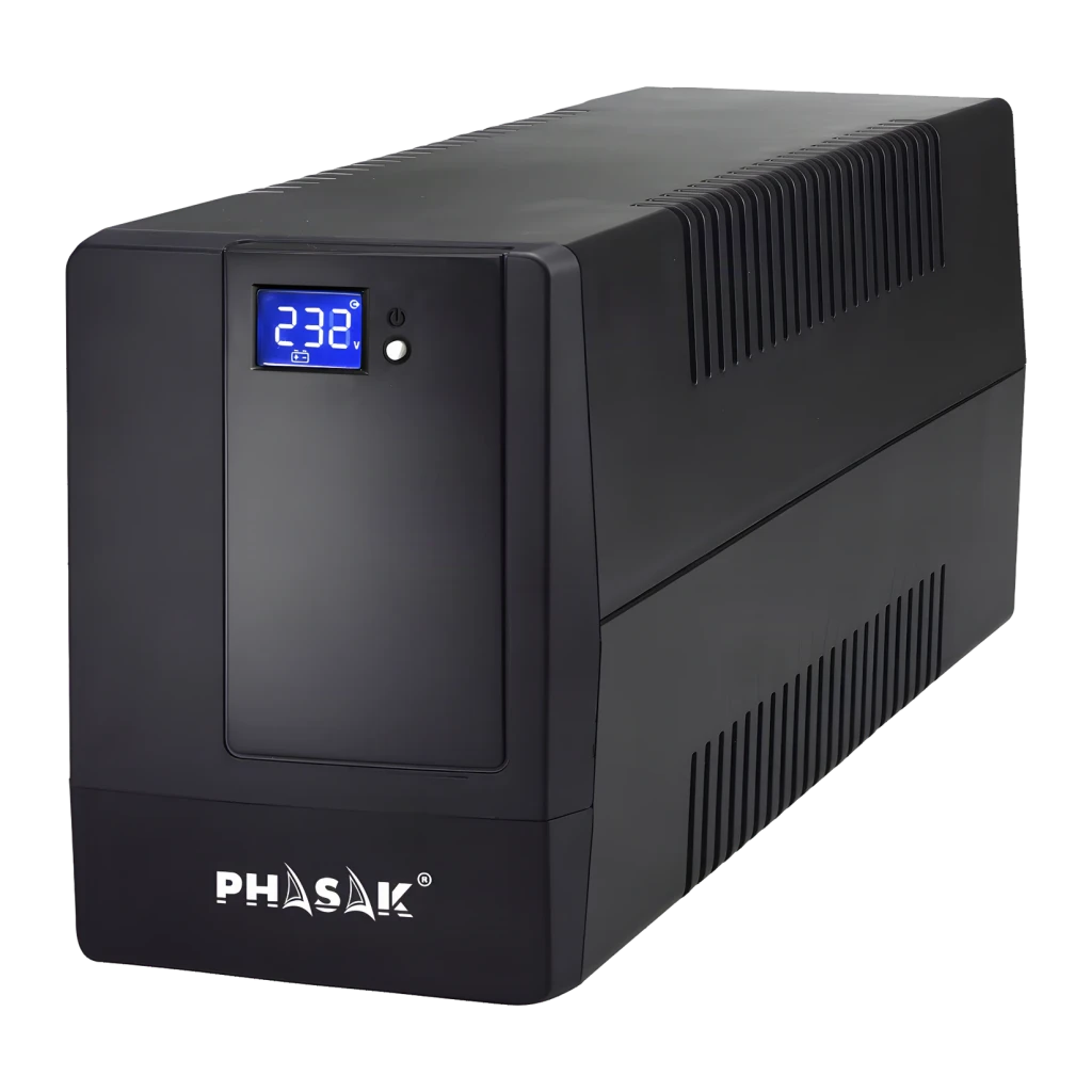 UPS Phasak Essential Interativo PH 9410 1000VA Preto, vista frontal: carcaça preta com ecrã LCD azul a mostrar 232V
