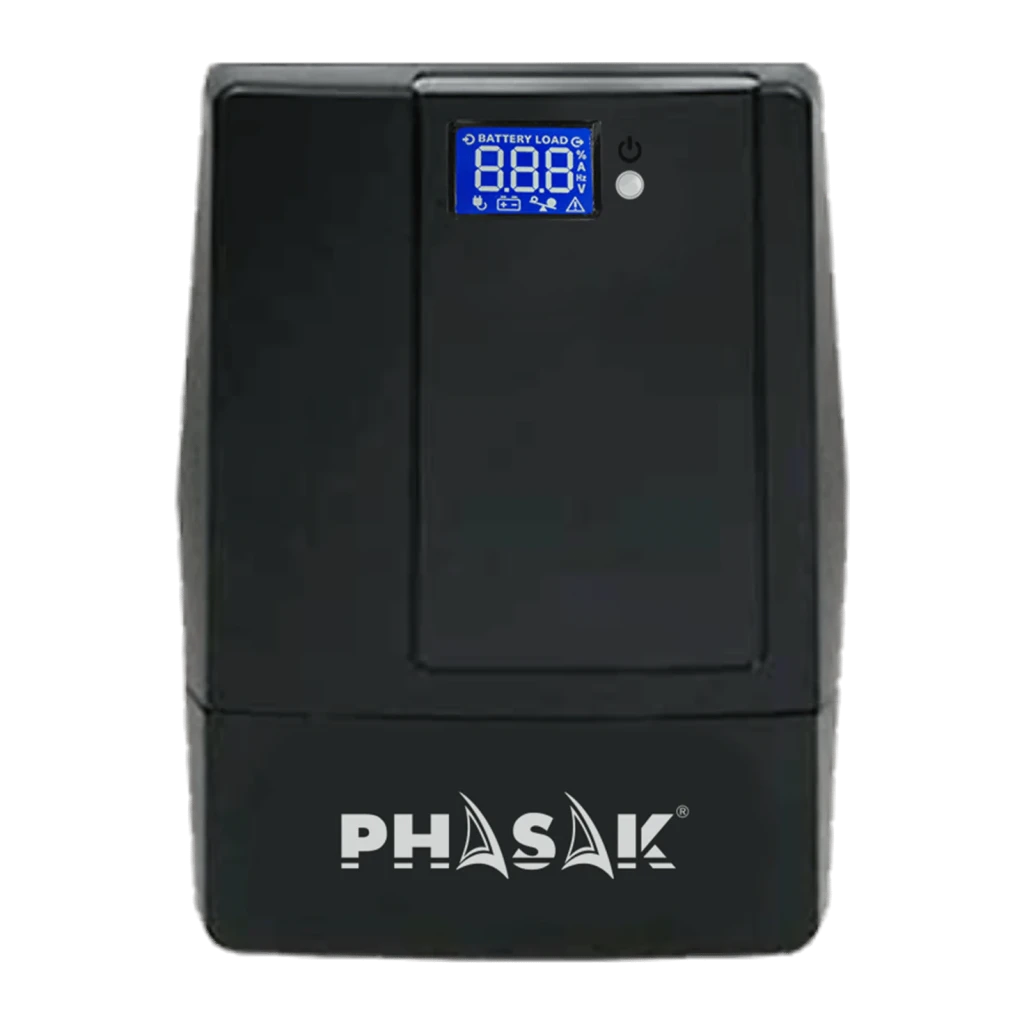 UPS Phasak Essential Interativo PH 9410 1000VA Preto, detalhe: ecrã LCD azul com indicadores Battery Load e botão de energia