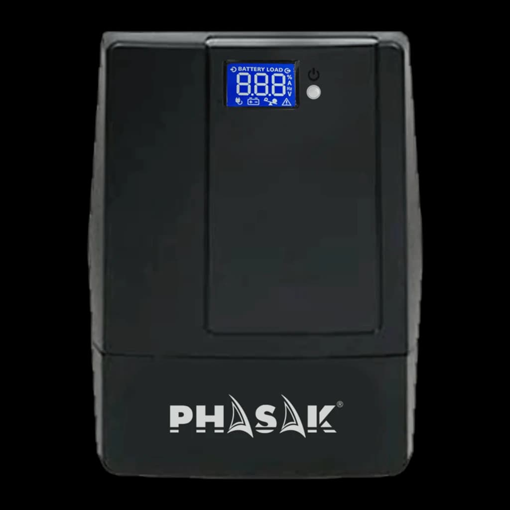 UPS Phasak Essential Interativo PH 9410 1000VA Preto, detalhe: ecrã LCD azul com indicadores Battery Load e botão de energia