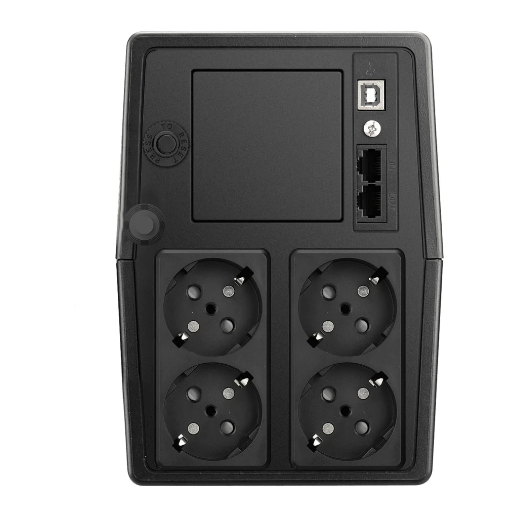 UPS Phasak Essential Interativo PH 9410 1000VA Preto, vista traseira: 4 tomadas Schuko, porta USB-B, portas RJ45 IN/OUT