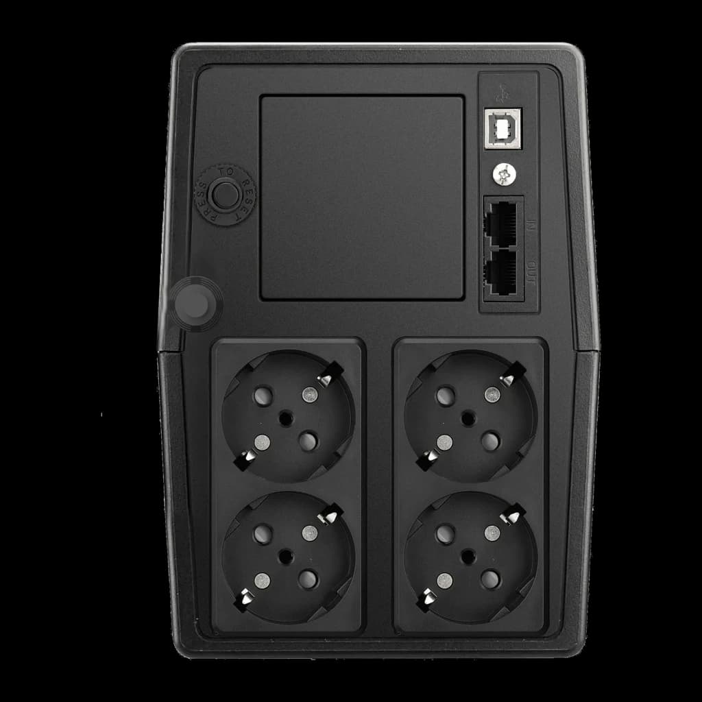 UPS Phasak Essential Interativo PH 9410 1000VA Preto, vista traseira: 4 tomadas Schuko, porta USB-B, portas RJ45 IN/OUT