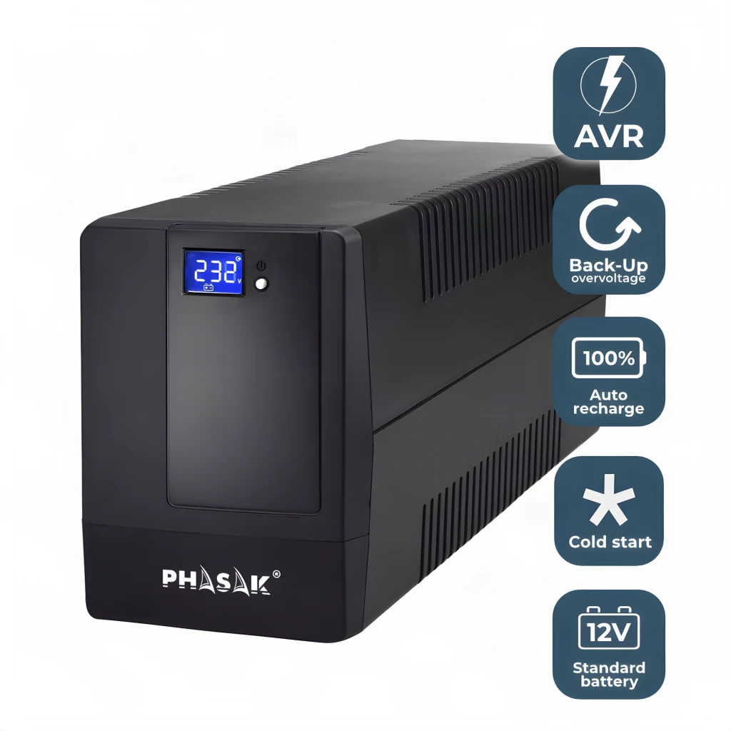 UPS Phasak Essential Interativo PH 9410 1000VA Preto, vista lateral: ecrã LCD azul, grelhas de ventilação e ícones AVR