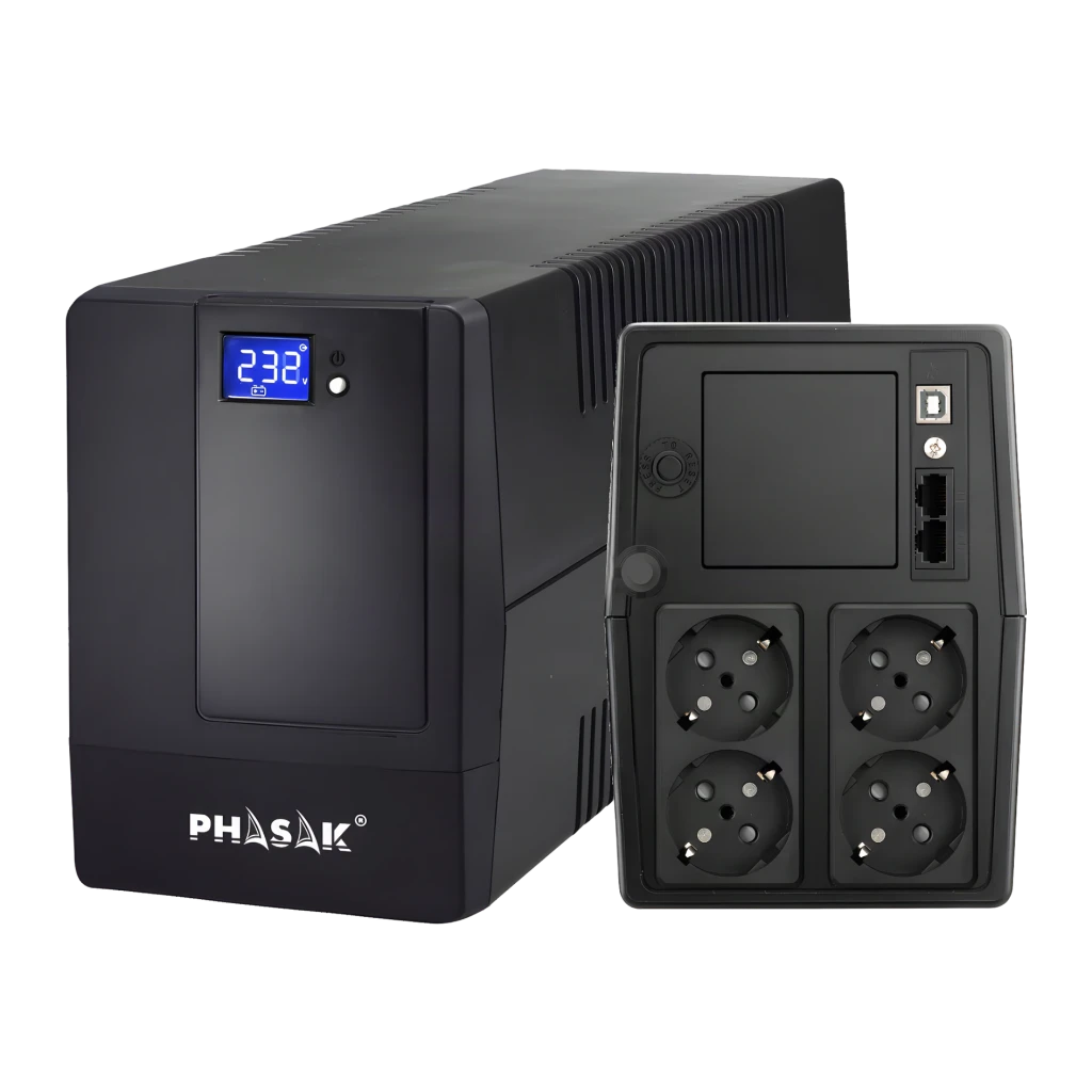 UPS Phasak Essential Interativo PH 9410 1000VA Preto, detalhe: ecrã LCD frontal e painel traseiro com 4 tomadas Schuko