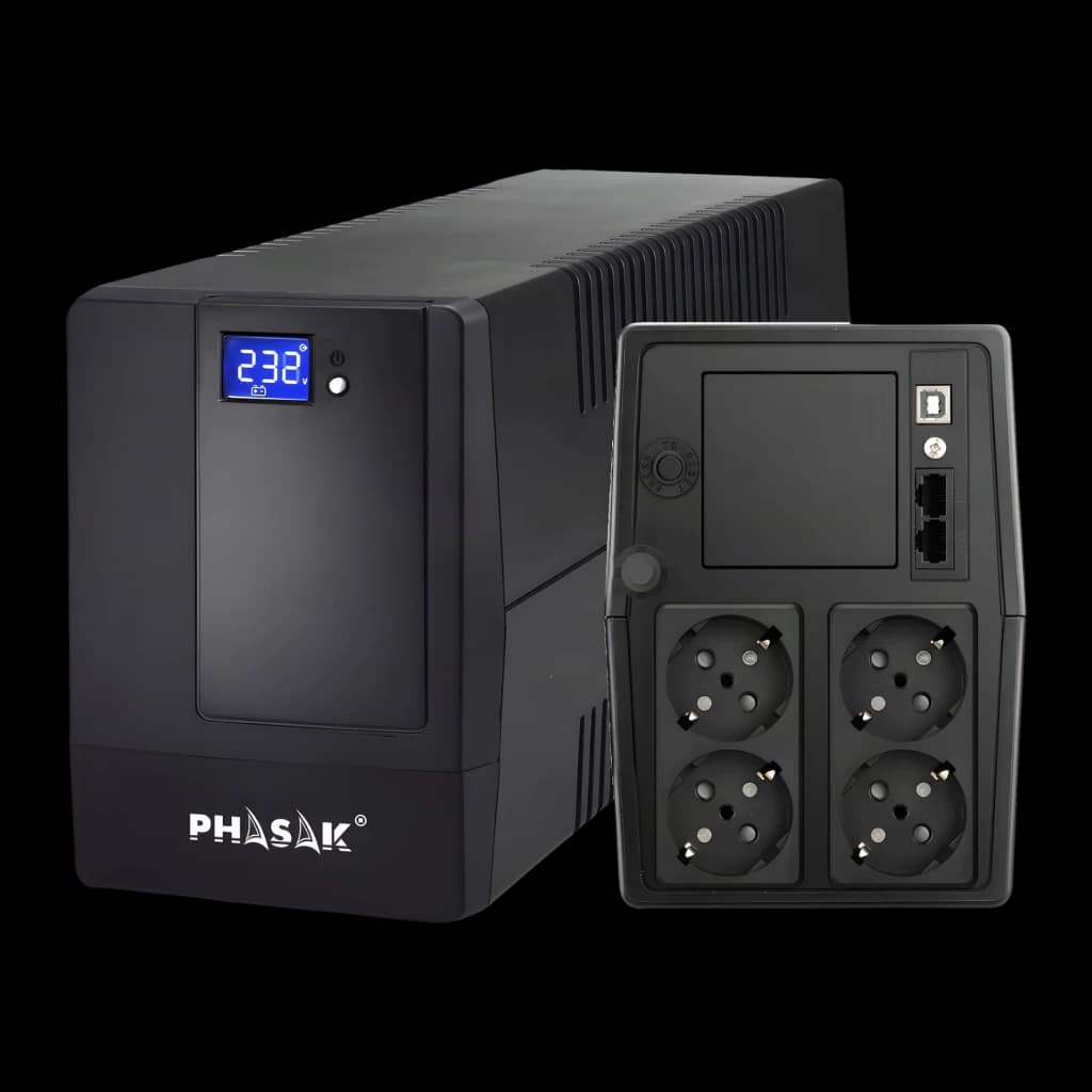 UPS Phasak Essential Interativo PH 9410 1000VA Preto, detalhe: ecrã LCD frontal e painel traseiro com 4 tomadas Schuko
