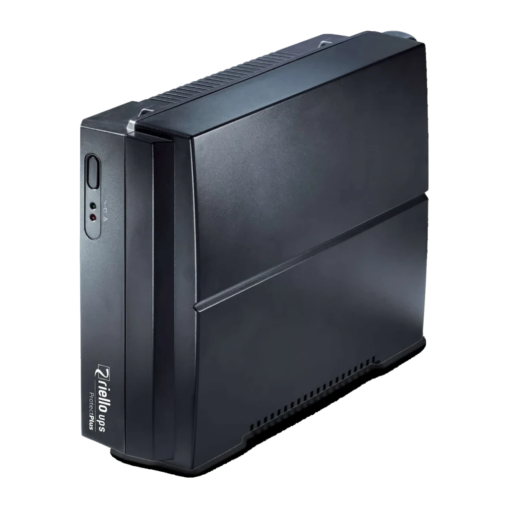 Sai ups Riello Protect Plus PRP850 Línea Interactiva 850VA Negro, vista frontal: carcasa negra con logo, botón de encendido