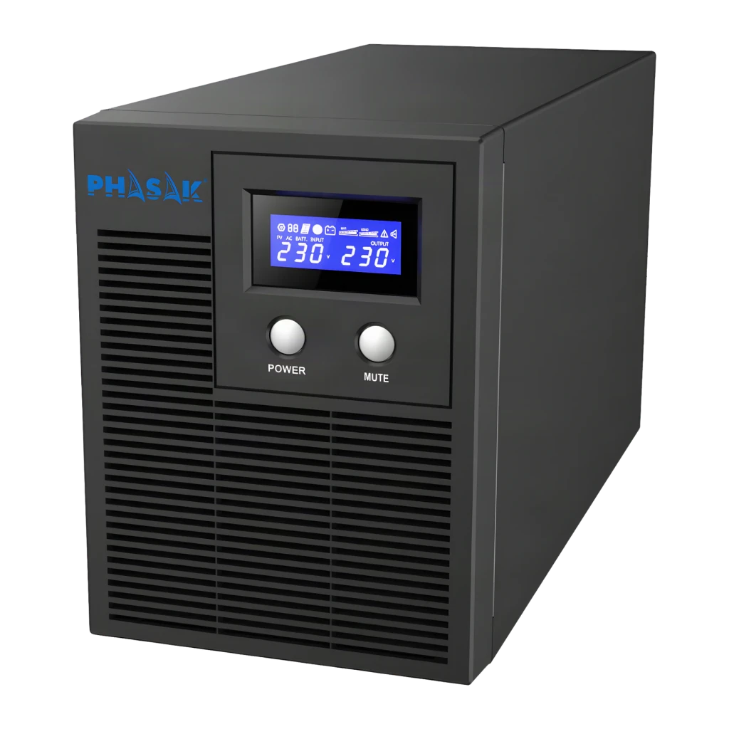 SAI UPS Phasak Protekt Torre PH 7621 Linha Interativa Cinzento, vista frontal: ecrã LCD azul com valores 230V, botões Power