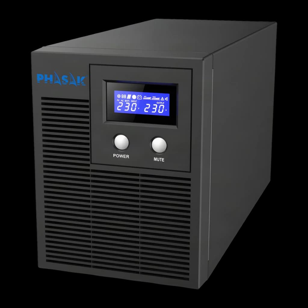SAI UPS Phasak Protekt Torre PH 7621 Linha Interativa Cinzento, vista frontal: ecrã LCD azul com valores 230V, botões Power