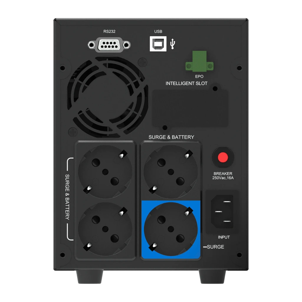 SAI UPS Phasak Protekt Torre PH 7621 Linha Interativa Cinzento, vista traseira: ventoinha, portas RS-232 e USB, 4 tomadas