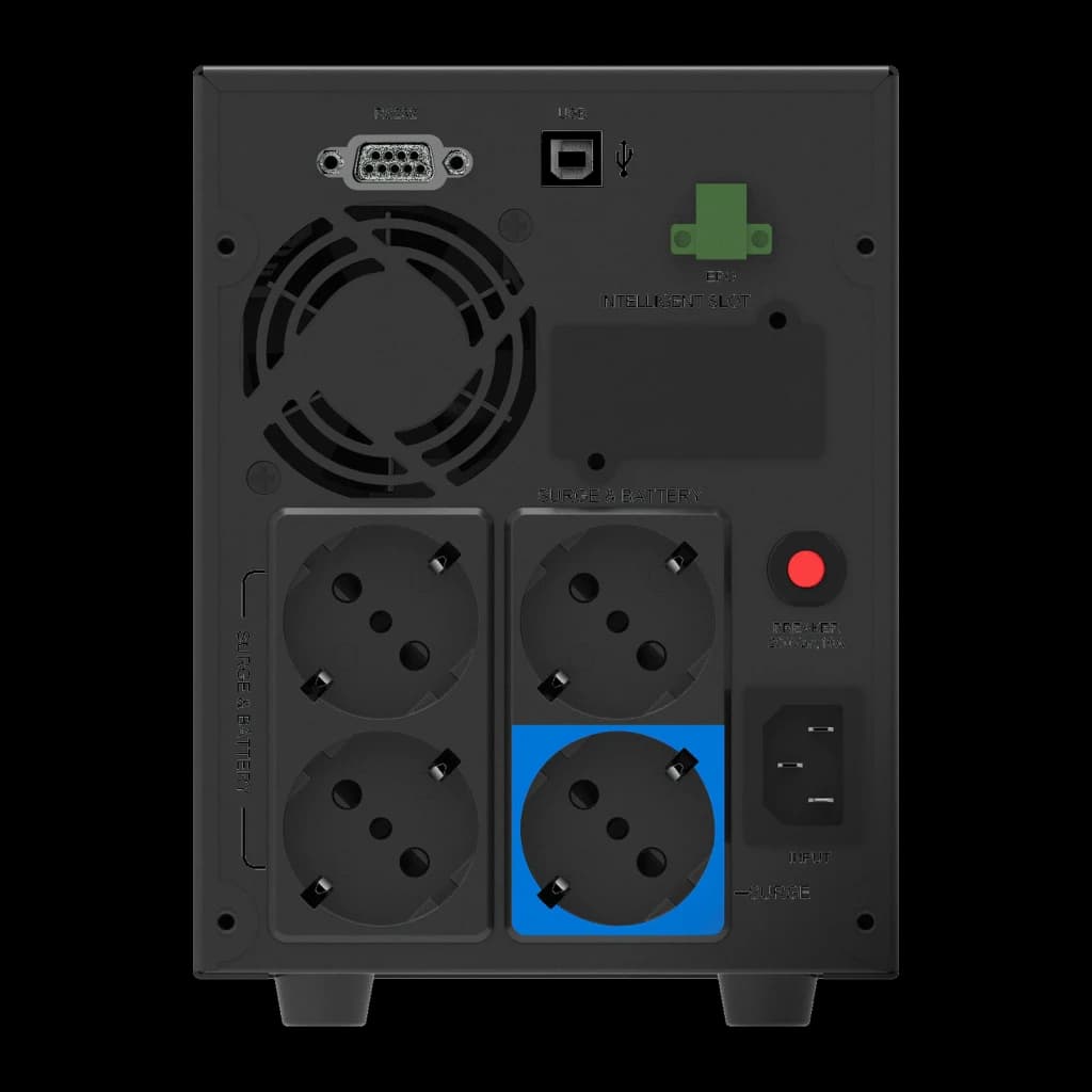 SAI UPS Phasak Protekt Torre PH 7621 Linha Interativa Cinzento, vista traseira: ventoinha, portas RS-232 e USB, 4 tomadas