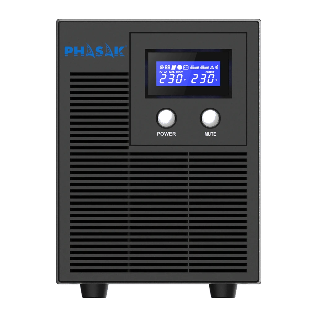 SAI UPS Phasak Protekt Torre PH 7621 Linha Interativa Cinzento, detalhe frontal: ecrã LCD azul com valores 230V, botões