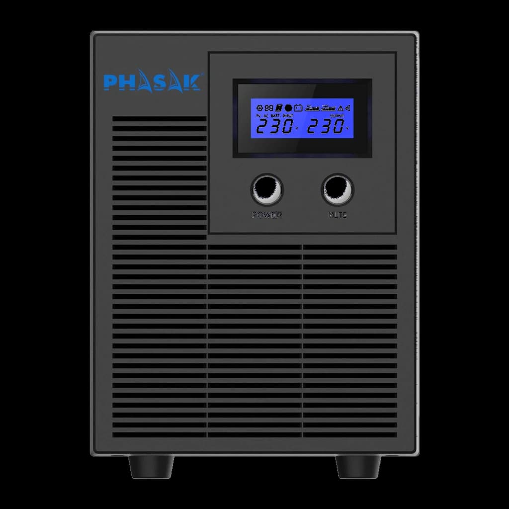 SAI UPS Phasak Protekt Torre PH 7621 Linha Interativa Cinzento, detalhe frontal: ecrã LCD azul com valores 230V, botões