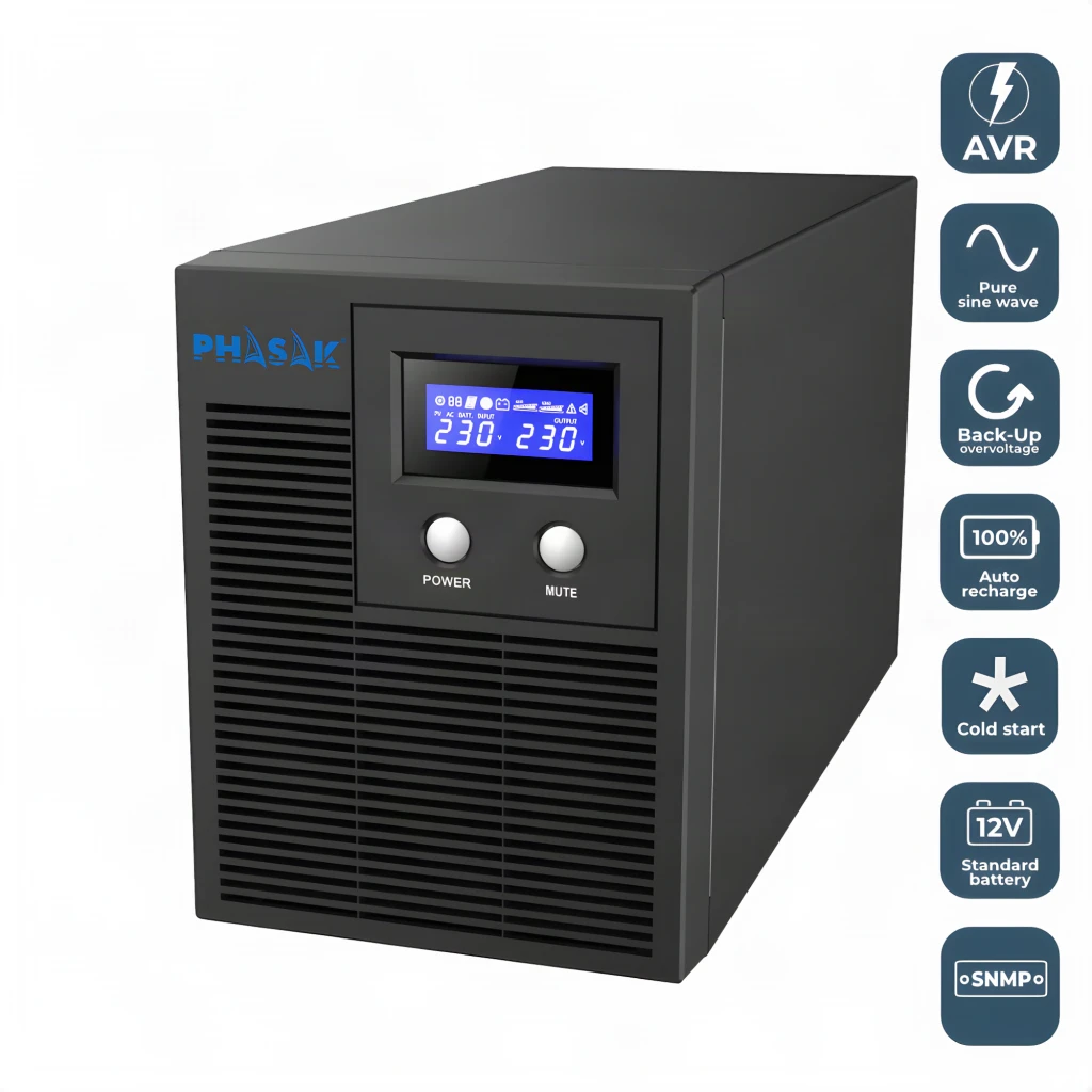 SAI UPS Phasak Protekt Torre PH 7621 Linha Interativa Cinzento, vista frontal 3/4: ecrã LCD 230V, botões Power e Mute