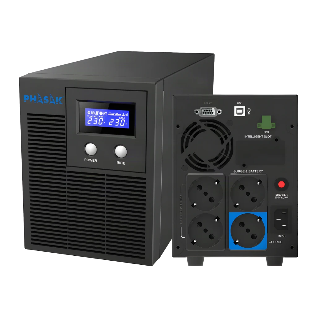SAI UPS Phasak Protekt Torre PH 7621 Linha Interativa Cinzento, detalhe: frente com ecrã LCD e botões, traseira com tomadas