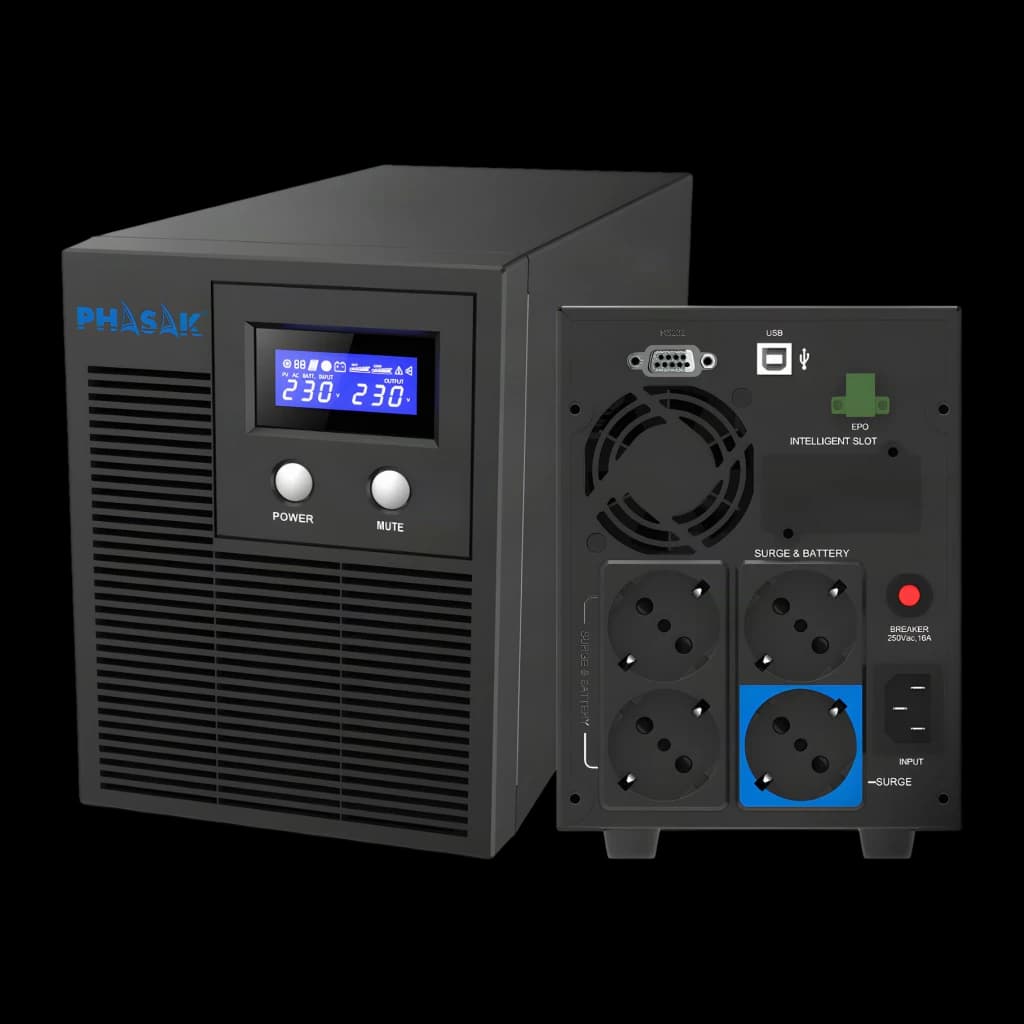 SAI UPS Phasak Protekt Torre PH 7621 Linha Interativa Cinzento, detalhe: frente com ecrã LCD e botões, traseira com tomadas