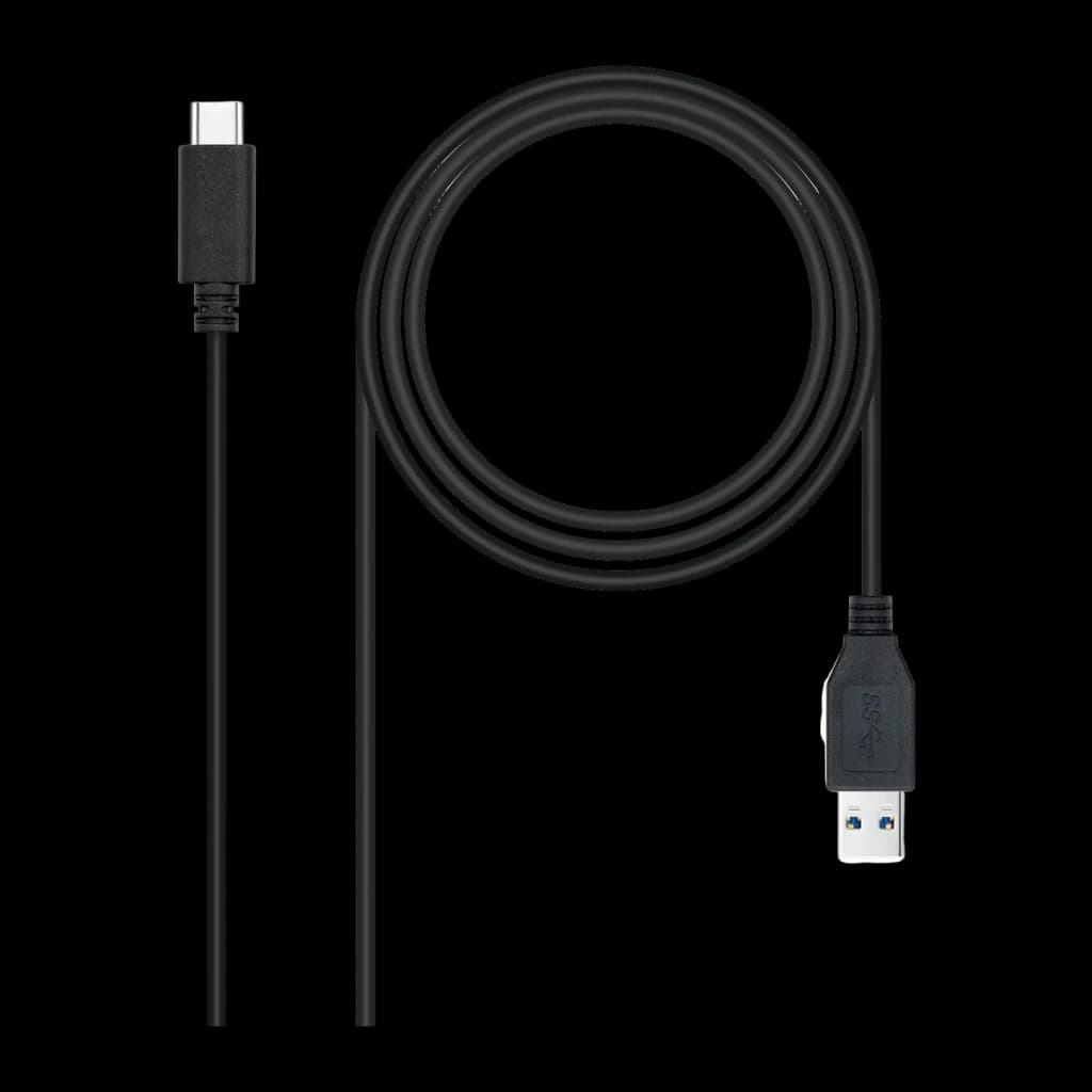 Câble USB Nanocable 3.1 Gen2 USB-C/USB-A 2m 3A 10Gbps Noir, vue de face: connecteur USB-C en haut, USB-A bleu en bas, câble