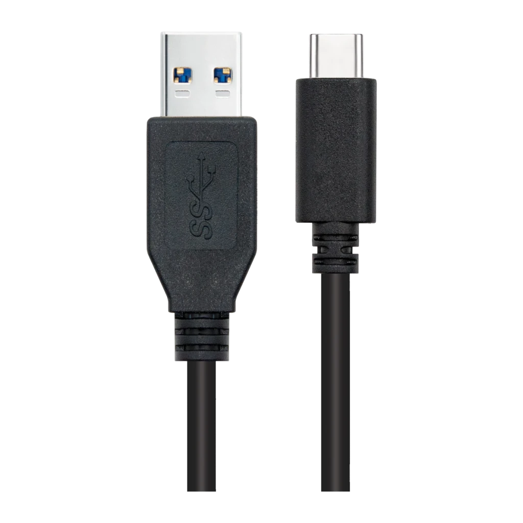 Câble USB Nanocable 3.1 Gen2 USB-C/USB-A 2m 3A 10Gbps Noir, détail: connecteurs USB-A à broches bleues et USB-C côte à côte