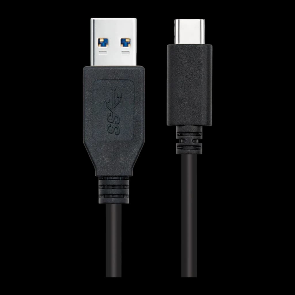 Câble USB Nanocable 3.1 Gen2 USB-C/USB-A 2m 3A 10Gbps Noir, détail: connecteurs USB-A à broches bleues et USB-C côte à côte