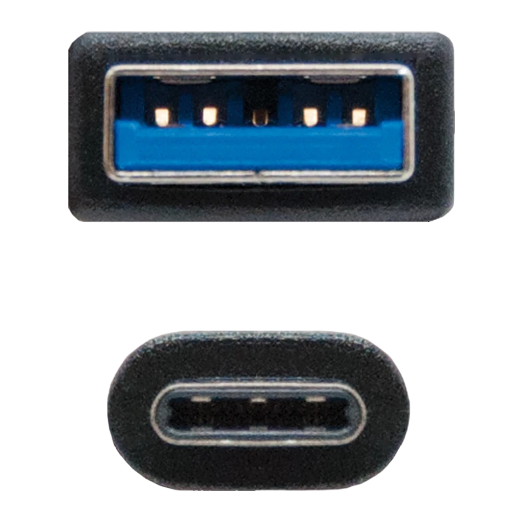 Câble USB Nanocable 3.1 Gen2 USB-C/USB-A 2m 3A 10Gbps Noir, détail: connecteurs USB-A bleu et USB-C noir vus de face