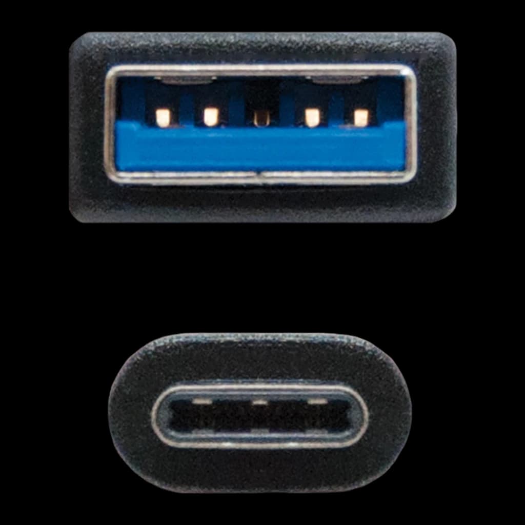 Câble USB Nanocable 3.1 Gen2 USB-C/USB-A 2m 3A 10Gbps Noir, détail: connecteurs USB-A bleu et USB-C noir vus de face