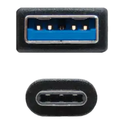 Câble USB Nanocable 3.1 Gen2 USB-C/USB-A 2m 3A 10Gbps Noir, détail: connecteurs USB-A bleu et USB-C noir vus de face