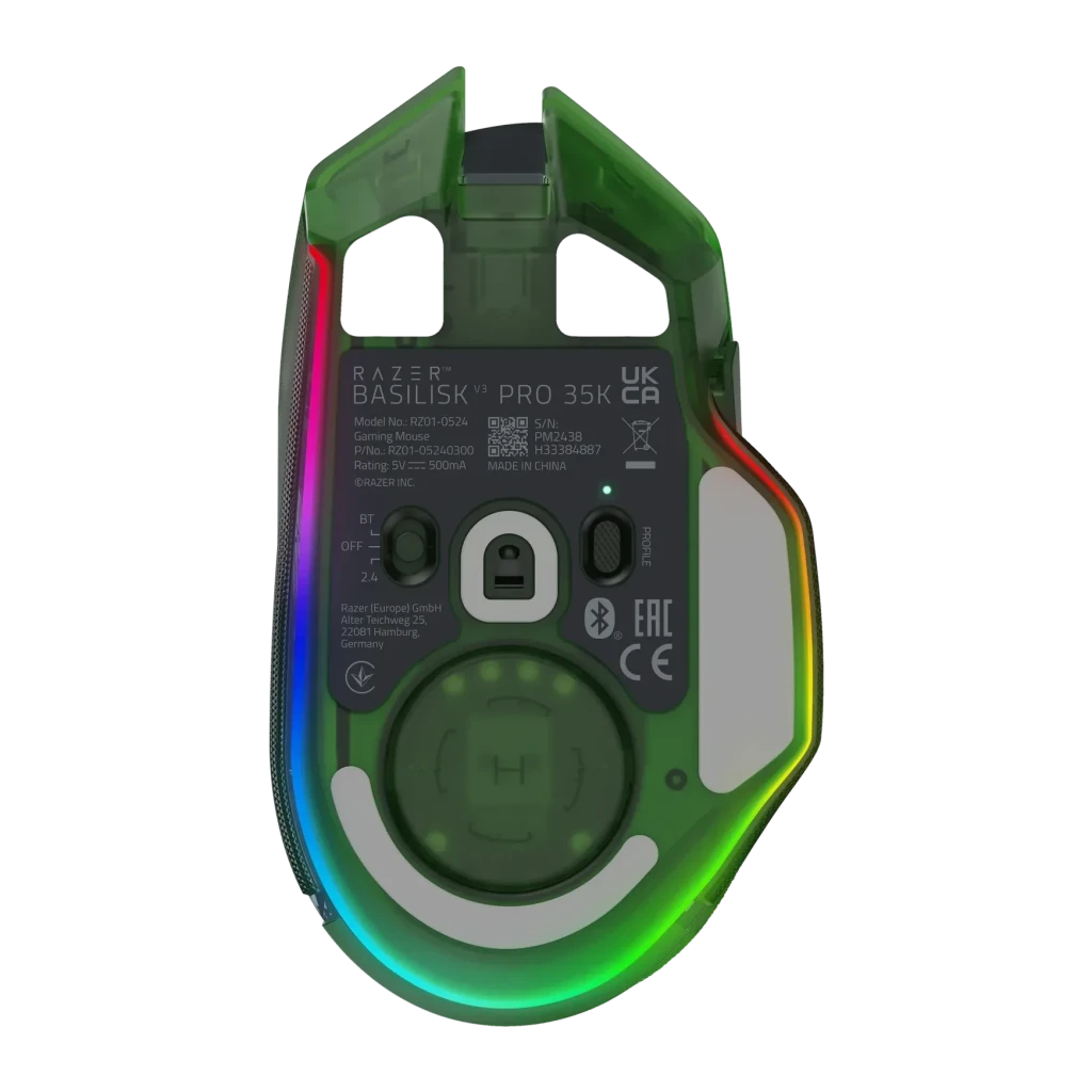Ratón Gaming Razer Basilisk V3 Pro 35K Phantom Green Edition Inalámbrico Verde, vista trasera: sensor óptico, interruptor