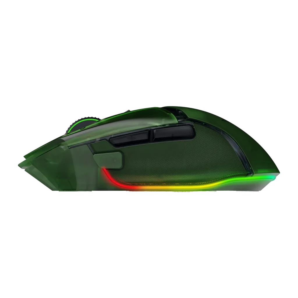 Ratón Gaming Razer Basilisk V3 Pro 35K Phantom Green Edition Inalámbrico Verde, detalle lateral: iluminación RGB en la base
