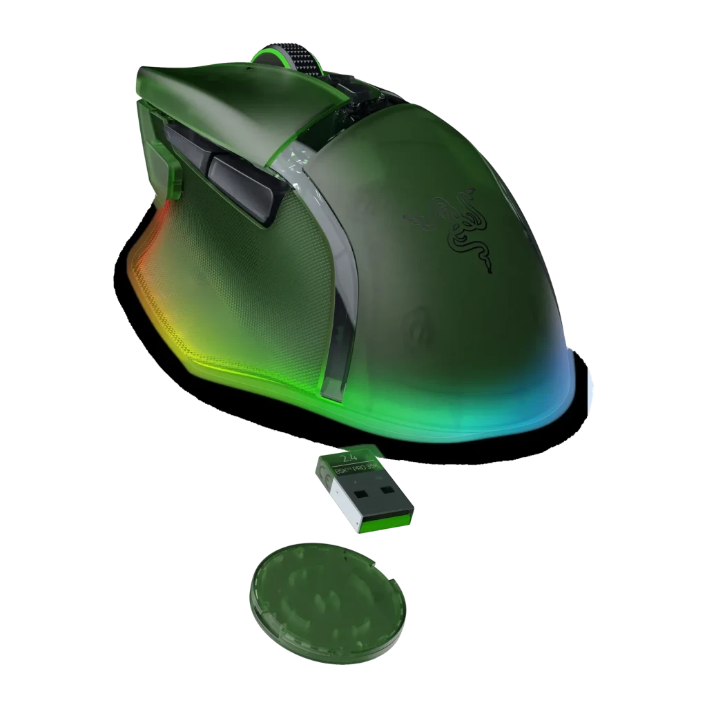 Ratón Gaming Razer Basilisk V3 Pro 35K Phantom Green Edition Inalámbrico Verde, detalle: vista superior en ángulo