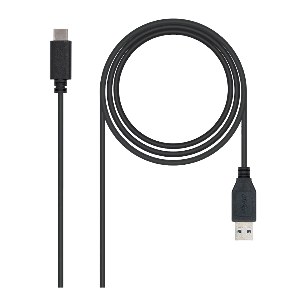 Cable Nanocable USB-C a USB-A 3.2 Gen 2 1m 10 Gbps Negro, vista frontal: conector USB-C arriba y USB-A abajo, cable enrollado