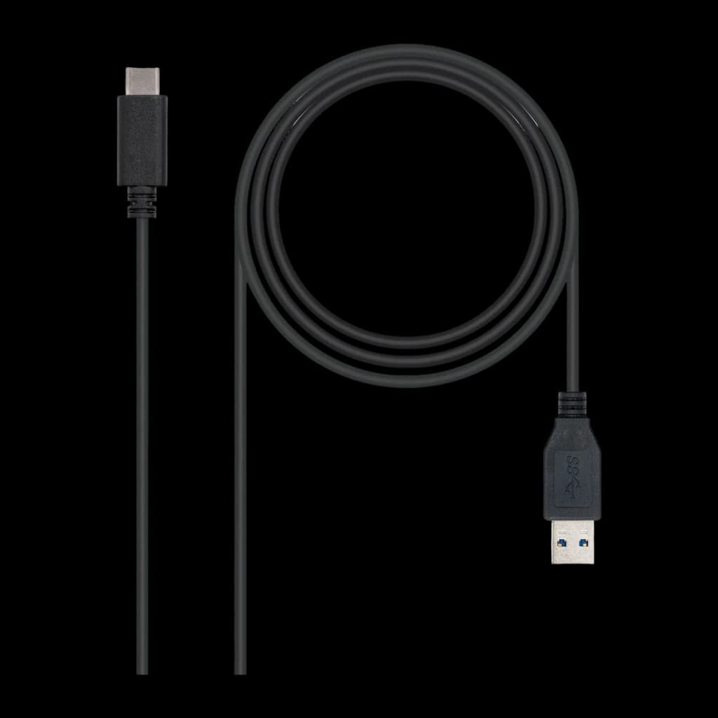 Cable Nanocable USB-C a USB-A 3.2 Gen 2 1m 10 Gbps Negro, vista frontal: conector USB-C arriba y USB-A abajo, cable enrollado