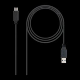 Cable Nanocable USB-C a USB-A 3.2 Gen 2 1m 10 Gbps Negro, vista frontal: conector USB-C arriba y USB-A abajo, cable enrollado