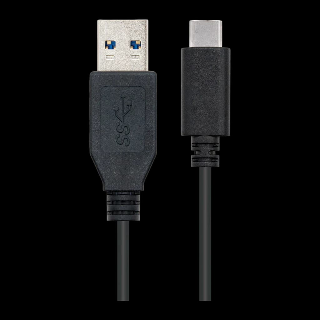 Cable Nanocable USB-C a USB-A 3.2 Gen 2 1m 10 Gbps Negro, detalle: conectores USB-A con logo SS+ y USB-C vistos de frente