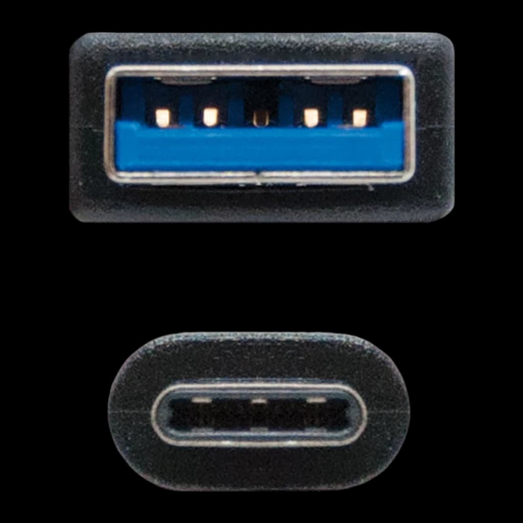 Cable Nanocable USB-C a USB-A 3.2 Gen 2 1m 10 Gbps Negro, detalle: conectores USB-A azul y USB-C negro vistos de frente