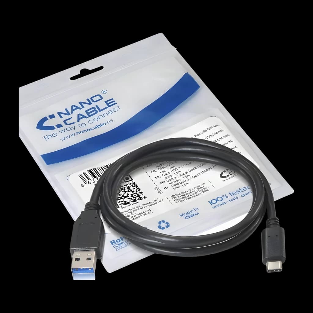 Cable Nanocable USB-C a USB-A 3.2 Gen 2 1m 10 Gbps Negro, contenido de la caja: cable negro con conectores USB-A y USB-C