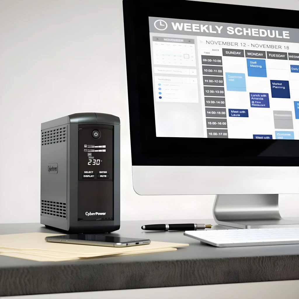 Onduleur UPS CyberPower Systems VP1000ELCD Ligne Interactive Noir, en usage: sur bureau près d'un moniteur, écran LCD