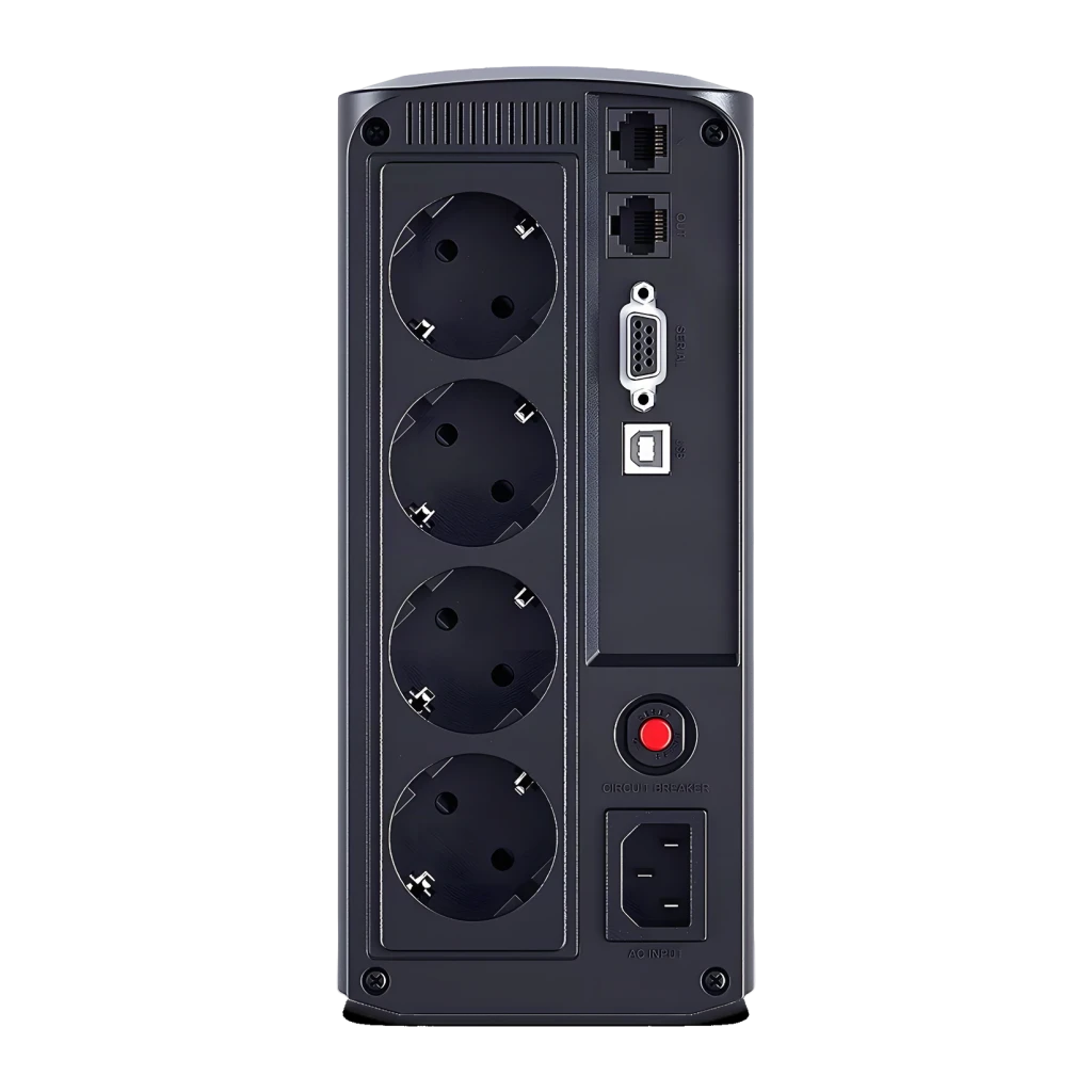 Onduleur UPS CyberPower Systems VP1000ELCD Ligne Interactive Noir, vue arrière: 4 prises Schuko, ports RJ45, USB, série