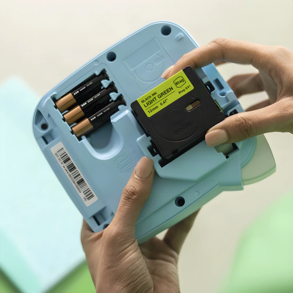 Impresora de etiquetas Brother PT-N25BT Color Bluetooth en uso: manos insertando cartucho de cinta verde lima en la parte