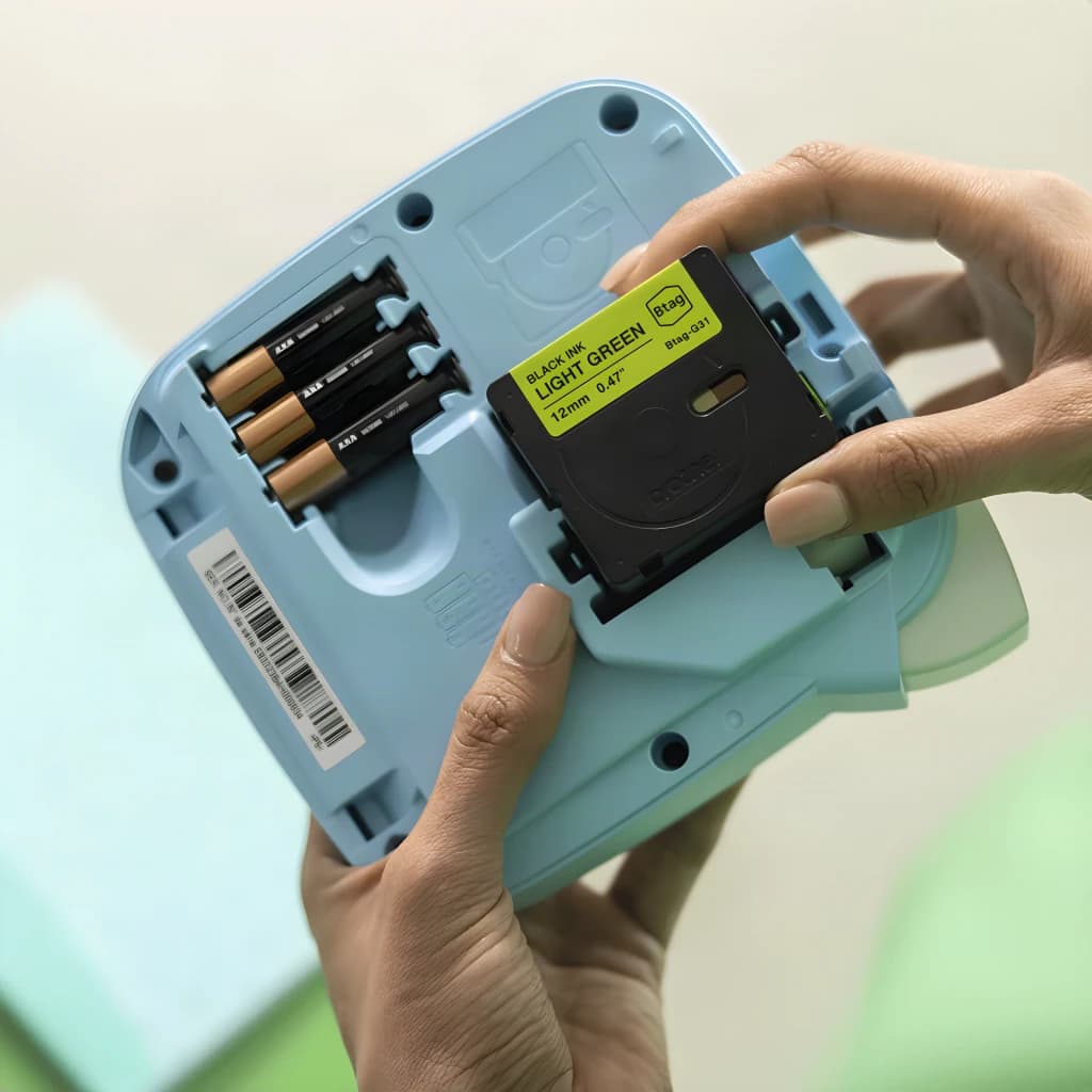 Impresora de etiquetas Brother PT-N25BT Color Bluetooth en uso: manos insertando cartucho de cinta verde lima en la parte