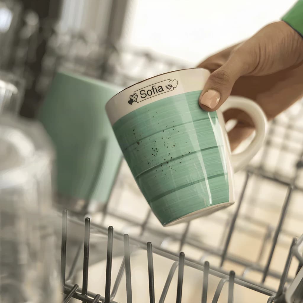 Impresora de etiquetas Brother PT-N25BT Color Bluetooth, en uso: etiqueta con nombre Sofia en taza introducida