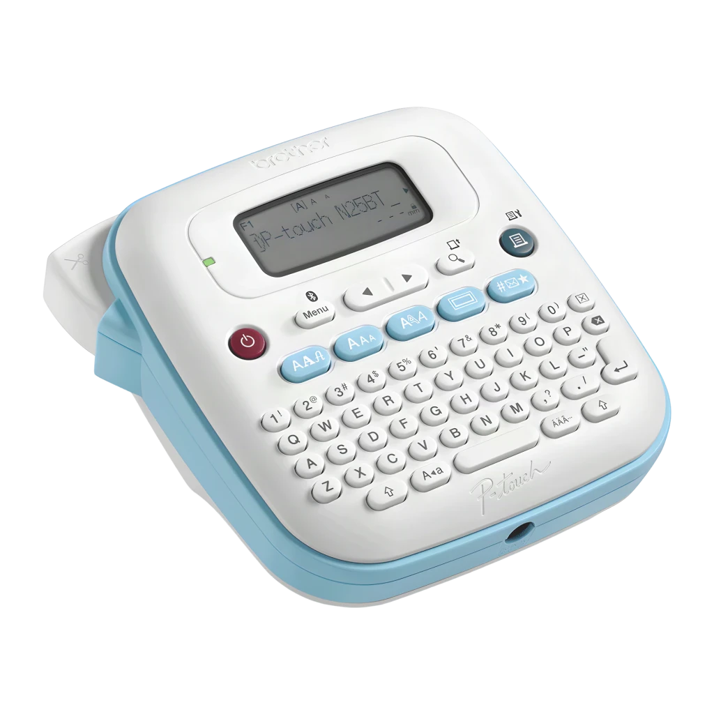 Impresora de etiquetas Brother PT-N25BT Color Bluetooth, detalle: teclado QWERTY, pantalla LCD y botones azules en vista