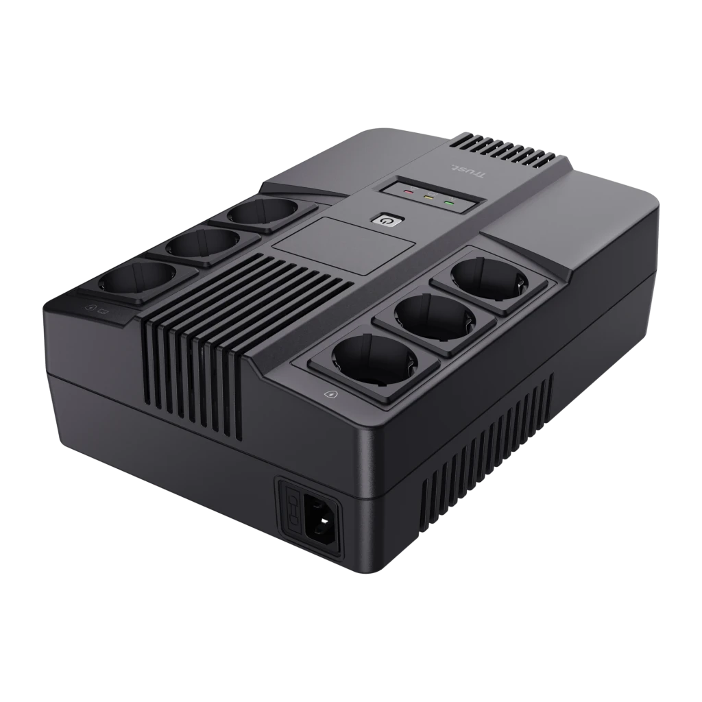 Onduleur Trust Maxxon 800VA Offline 360W Noir, vue de face: 8 prises Schuko, bouton marche, LEDs indicateurs et entrée IEC