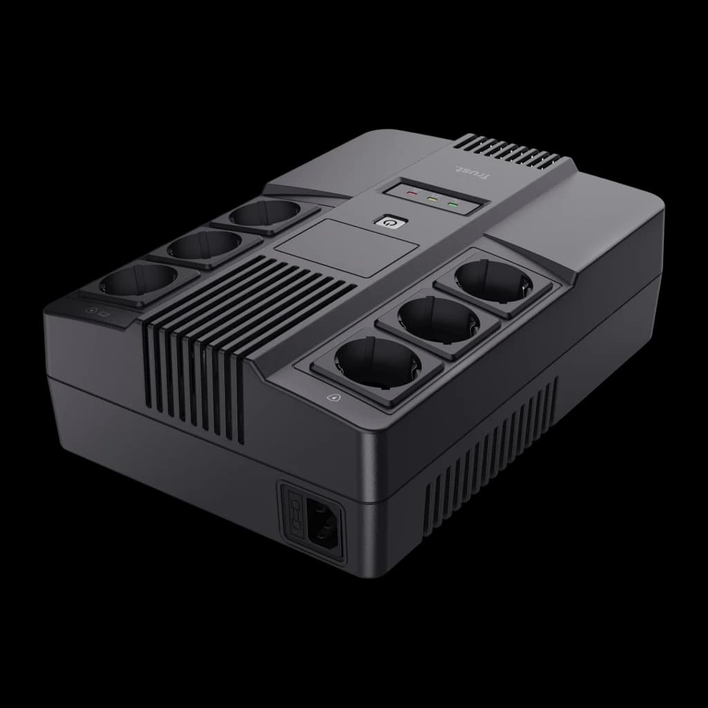 Onduleur Trust Maxxon 800VA Offline 360W Noir, vue de face: 8 prises Schuko, bouton marche, LEDs indicateurs et entrée IEC