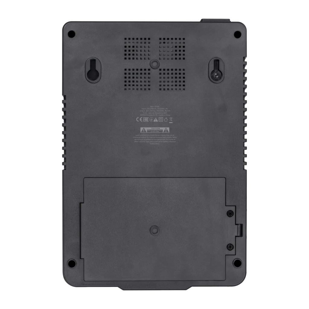 Onduleur Trust Maxxon 800VA Offline 360W Noir, vue arrière: grilles de ventilation, étiquette technique et trappe