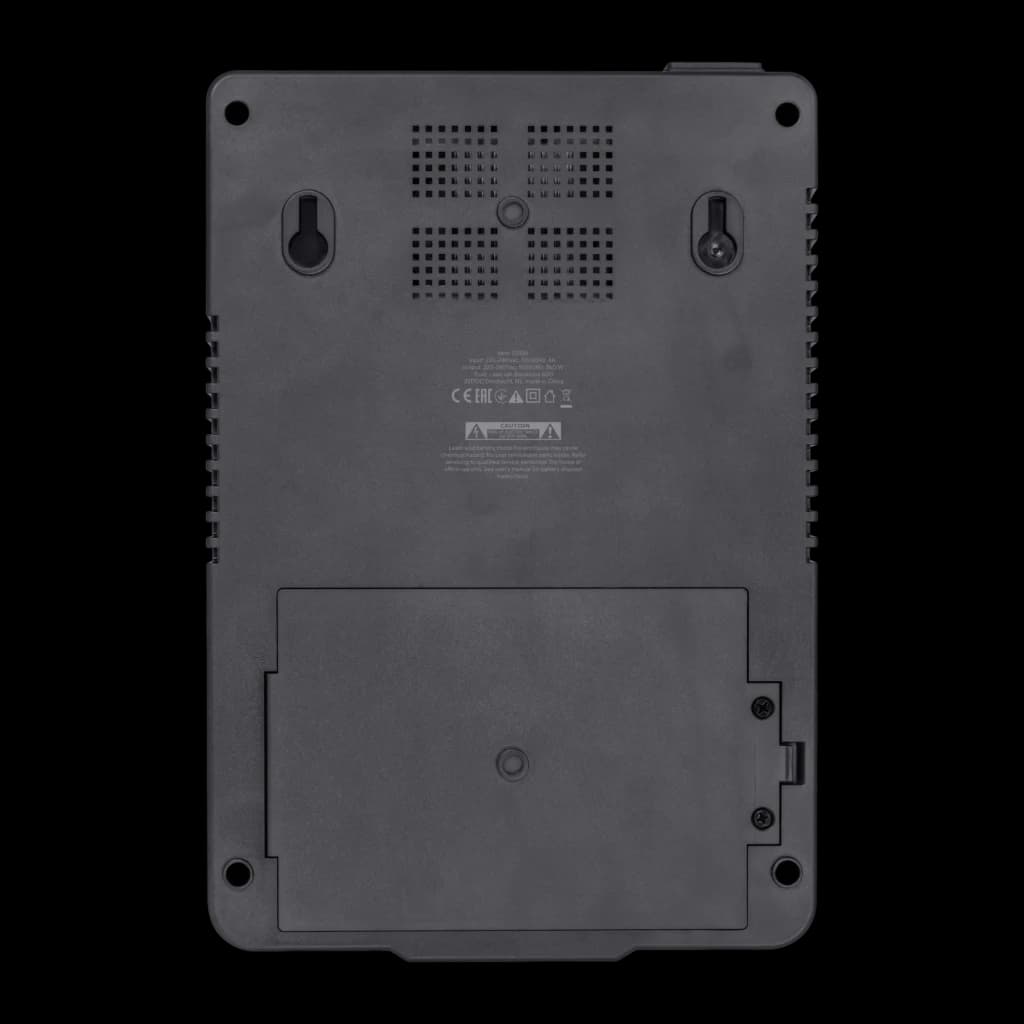 Onduleur Trust Maxxon 800VA Offline 360W Noir, vue arrière: grilles de ventilation, étiquette technique et trappe