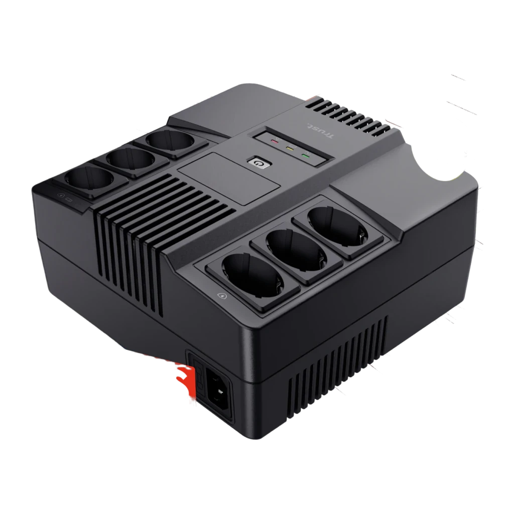 Onduleur Trust Maxxon 800VA Offline 360W Noir, contenu de la boîte: vue en perspective avec 6 prises Schuko, bouton marche