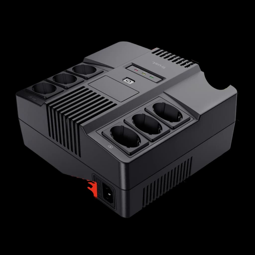 Onduleur Trust Maxxon 800VA Offline 360W Noir, contenu de la boîte: vue en perspective avec 6 prises Schuko, bouton marche