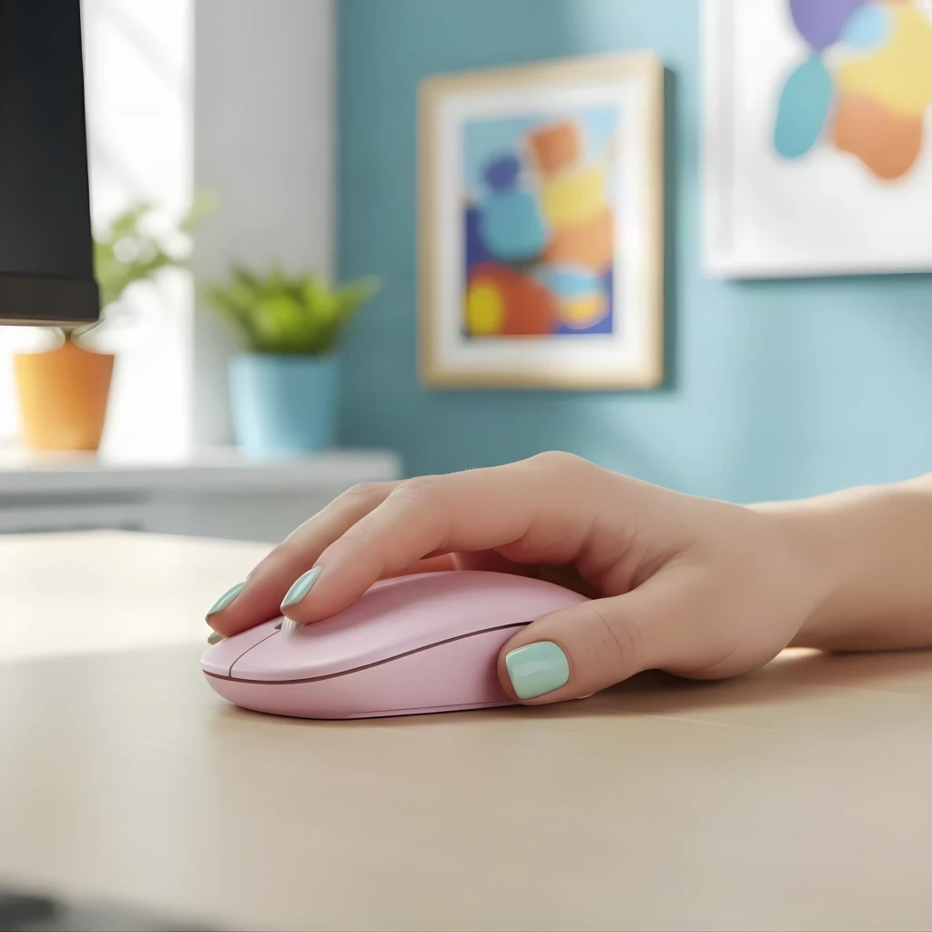 Ratón NGS Fog Pro Rosa Inalámbrico Ergonómico Silencioso, en uso: mano sujetándolo sobre escritorio blanco en oficina
