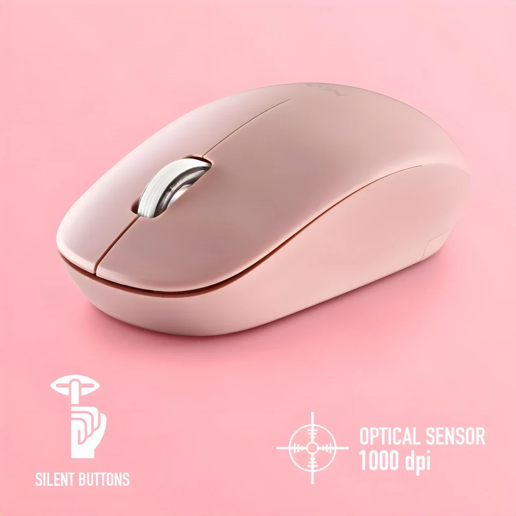 Ratón NGS Fog Pro Rosa Inalámbrico Ergonómico Silencioso, vista lateral: rueda plateada, iconos silent buttons y sensor